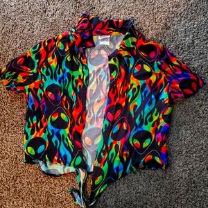 Rainbow alien flame tie front crop top